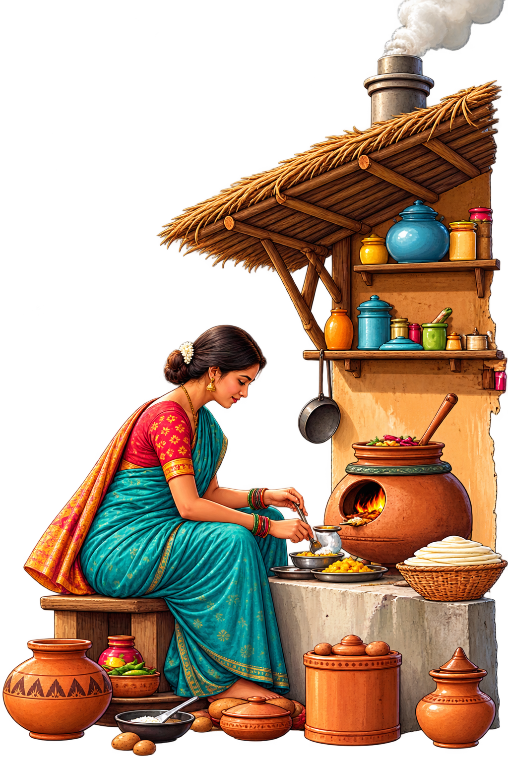 Village kitchen illustration of a woman preparing food at a traditional chulha